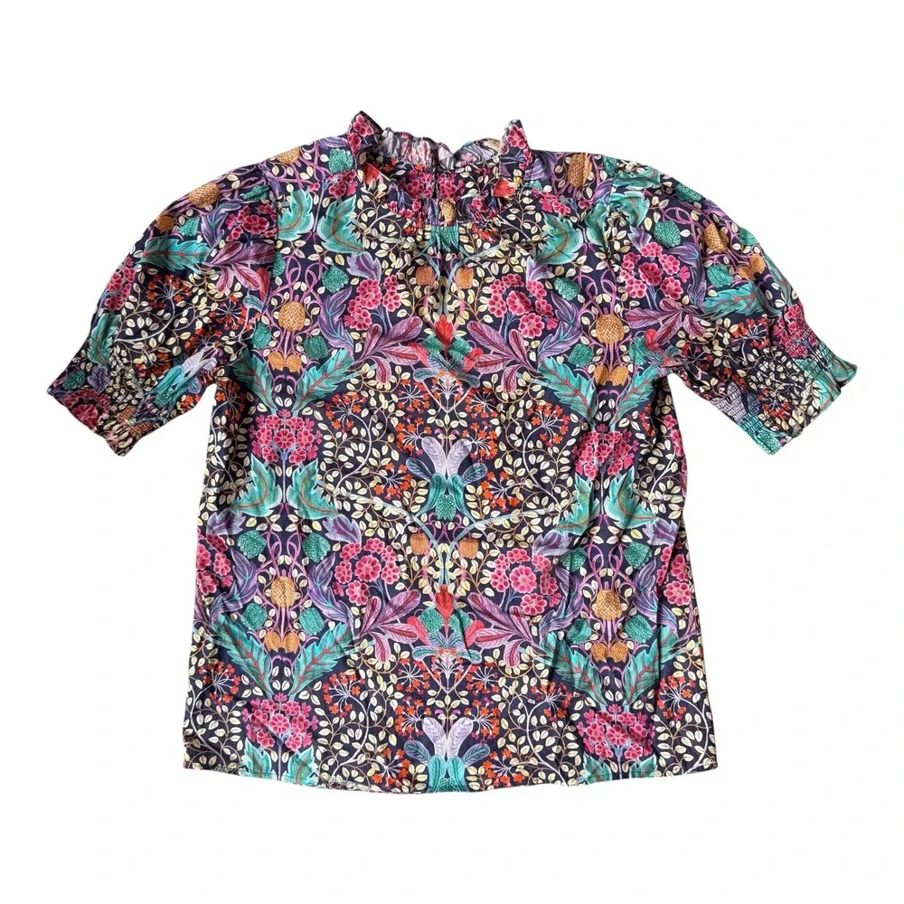 J.Crew Women's Liberty Elm House Floral Puff Sleeve Boho Top XS Ruffle Blouse